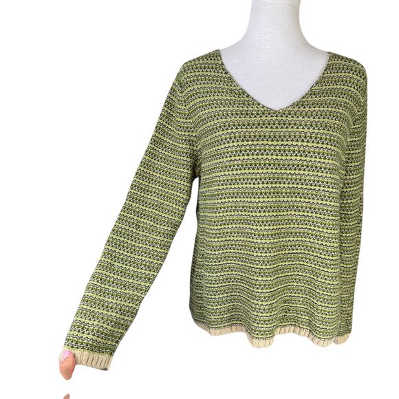 Christopher & Banks Retro Green & Tan Chunky Knit Cotton V-neck Pullover Sweater - Picture 4 of 13